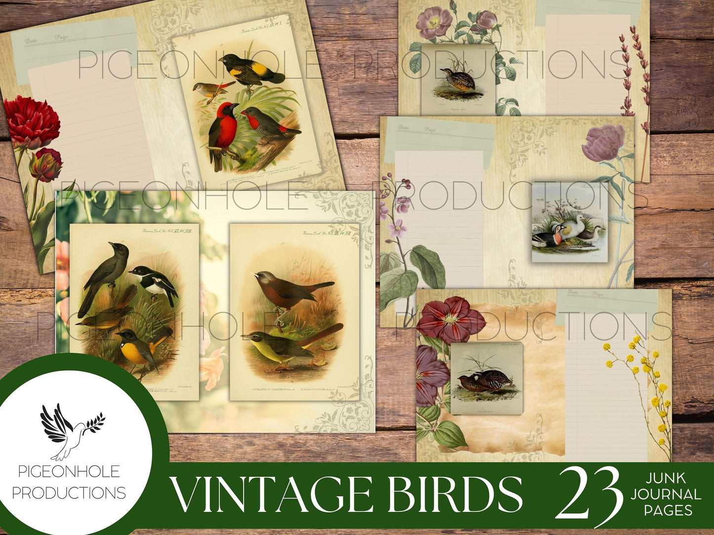 Vintage Birds Junk Journal Pages Kit, PRINTABLE, 23 pages, features old bird illustrations, make your own journal, pretty!