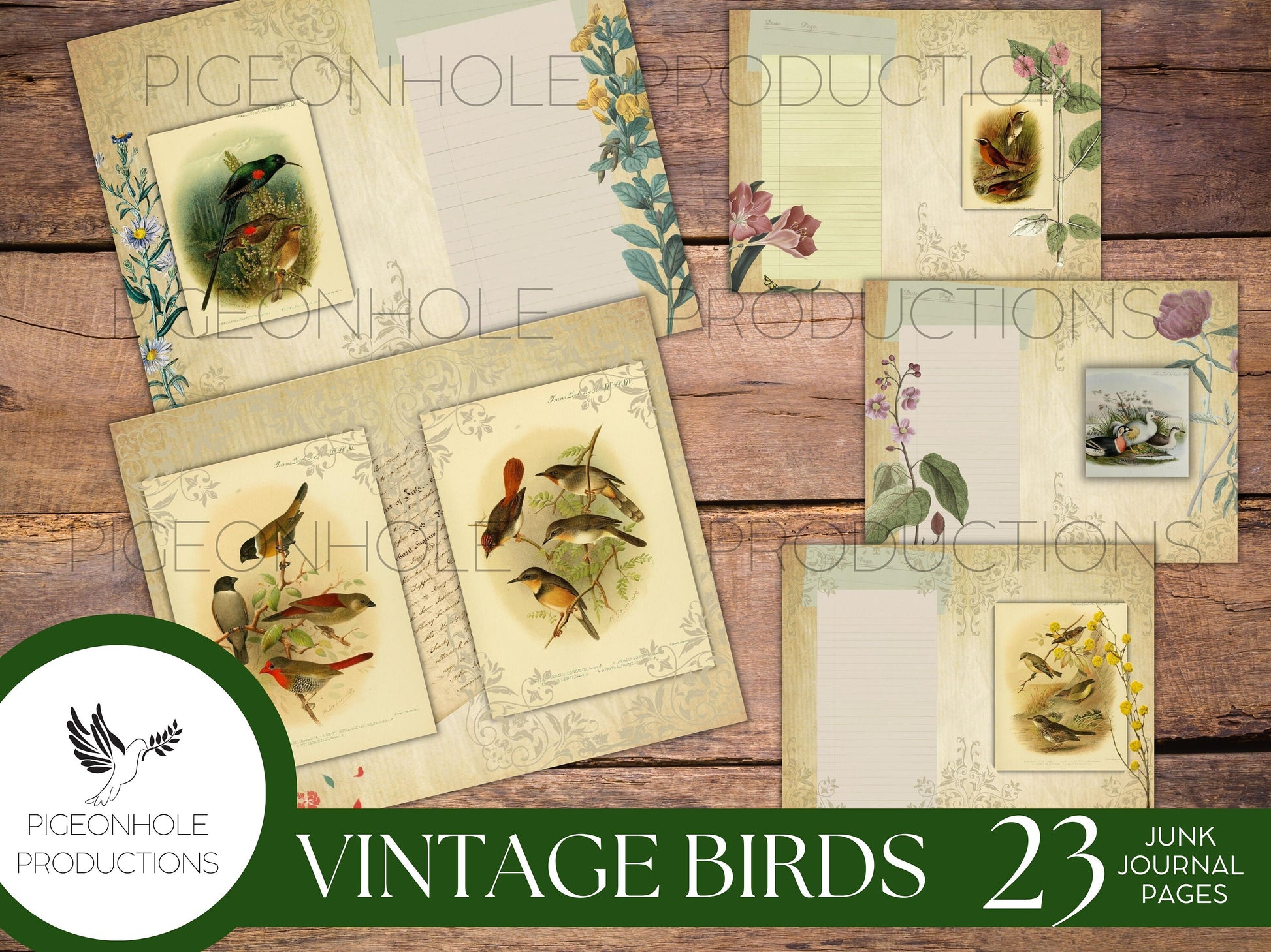 Vintage Birds Junk Journal Pages Kit, PRINTABLE, 23 pages, features old bird illustrations, make your own journal, pretty!