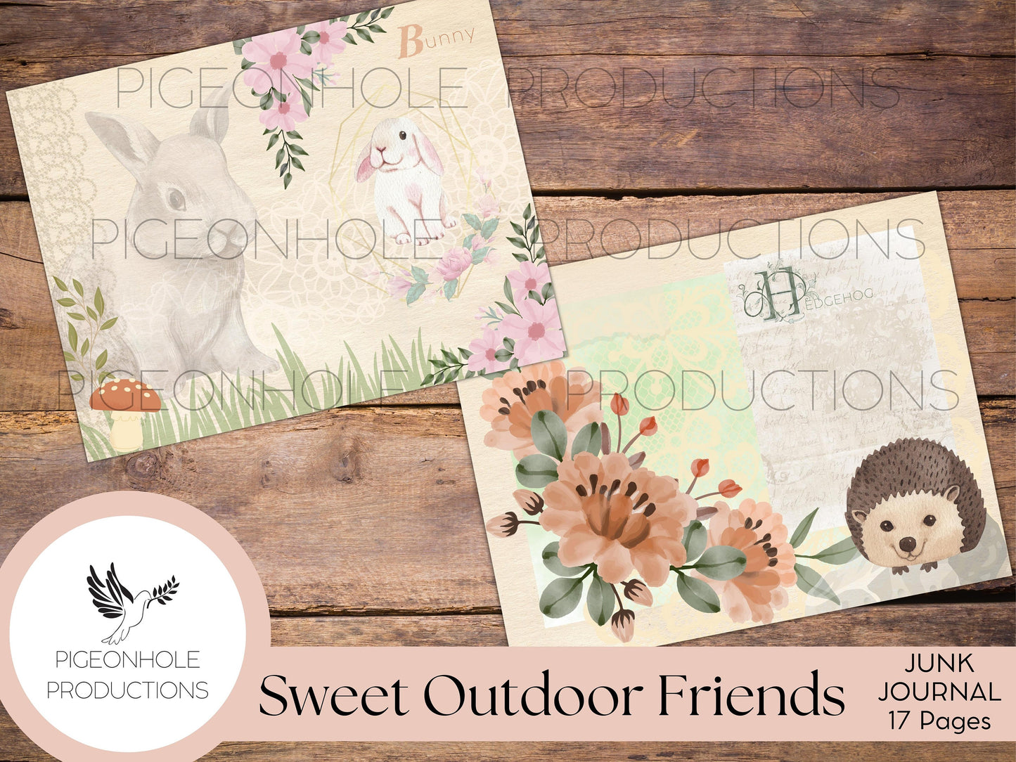 Sweet Outdoor Friends Junk Journal Pages Kit, PRINTABLE, digital journal kit featuring sweet animals and florals - pages only