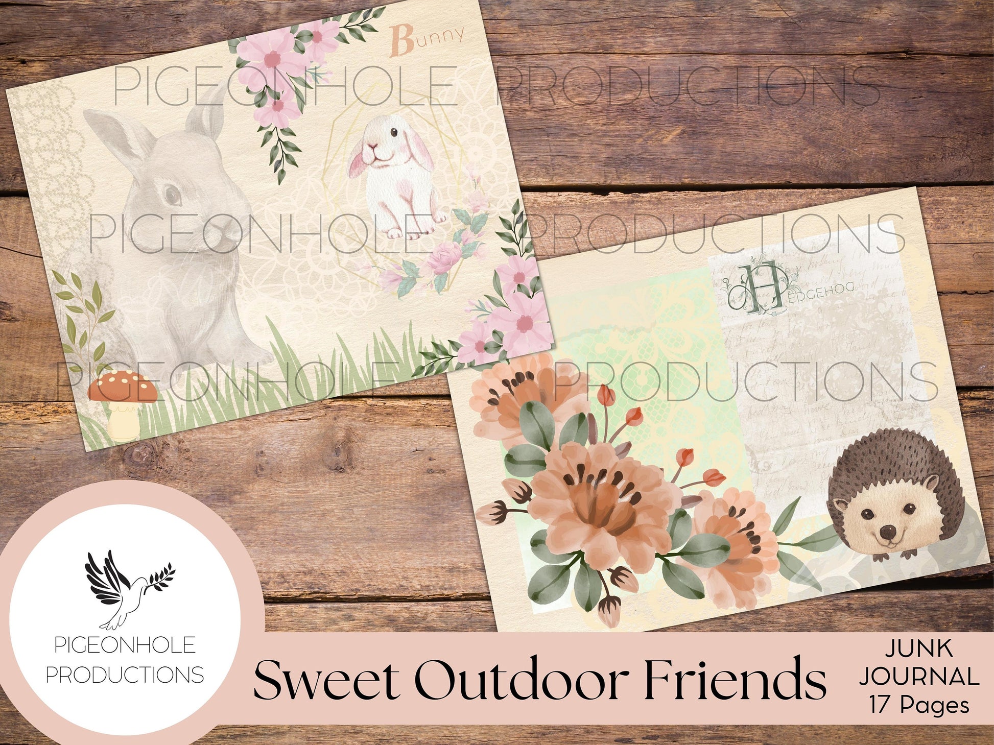 Sweet Outdoor Friends Junk Journal Pages Kit, PRINTABLE, digital journal kit featuring sweet animals and florals - pages only