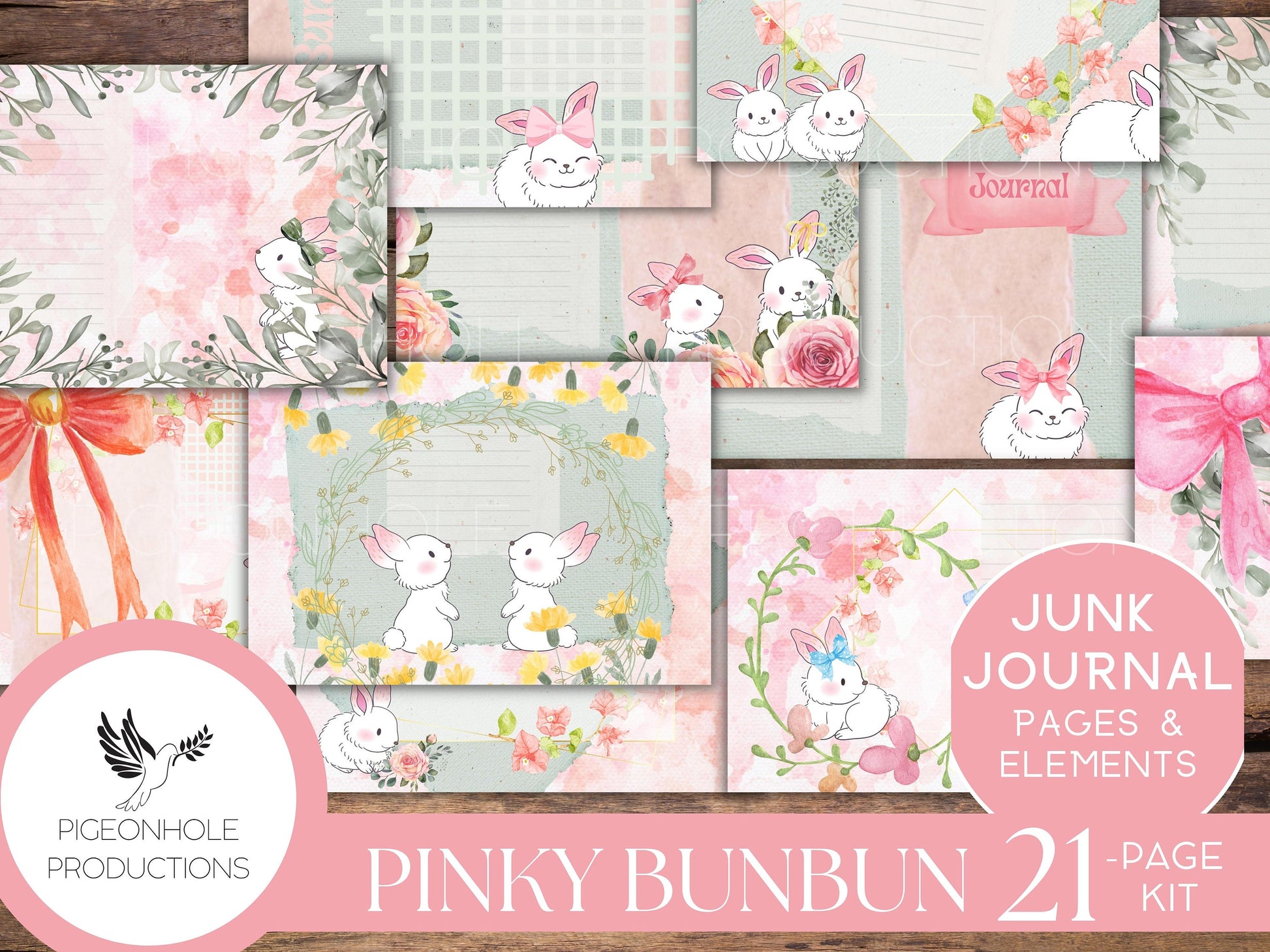 Pinky BunBun Bunny Junk Journal Kit, PRINTABLE— 21 pages, backgrounds, elements—sweet bunnies of the meadow