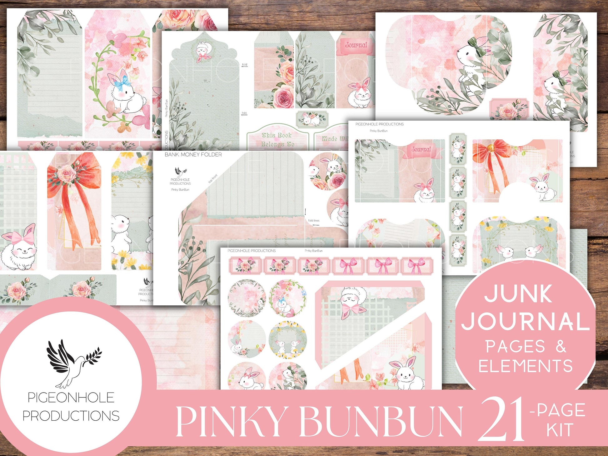 Pinky BunBun Bunny Junk Journal Kit, PRINTABLE— 21 pages, backgrounds, elements—sweet bunnies of the meadow