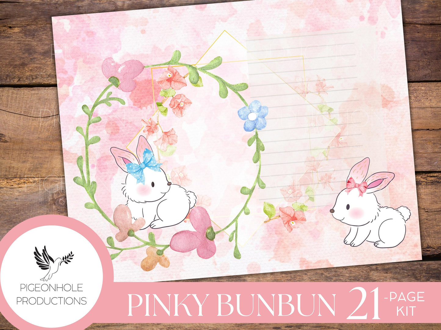 Pinky BunBun Bunny Junk Journal Kit, PRINTABLE— 21 pages, backgrounds, elements—sweet bunnies of the meadow