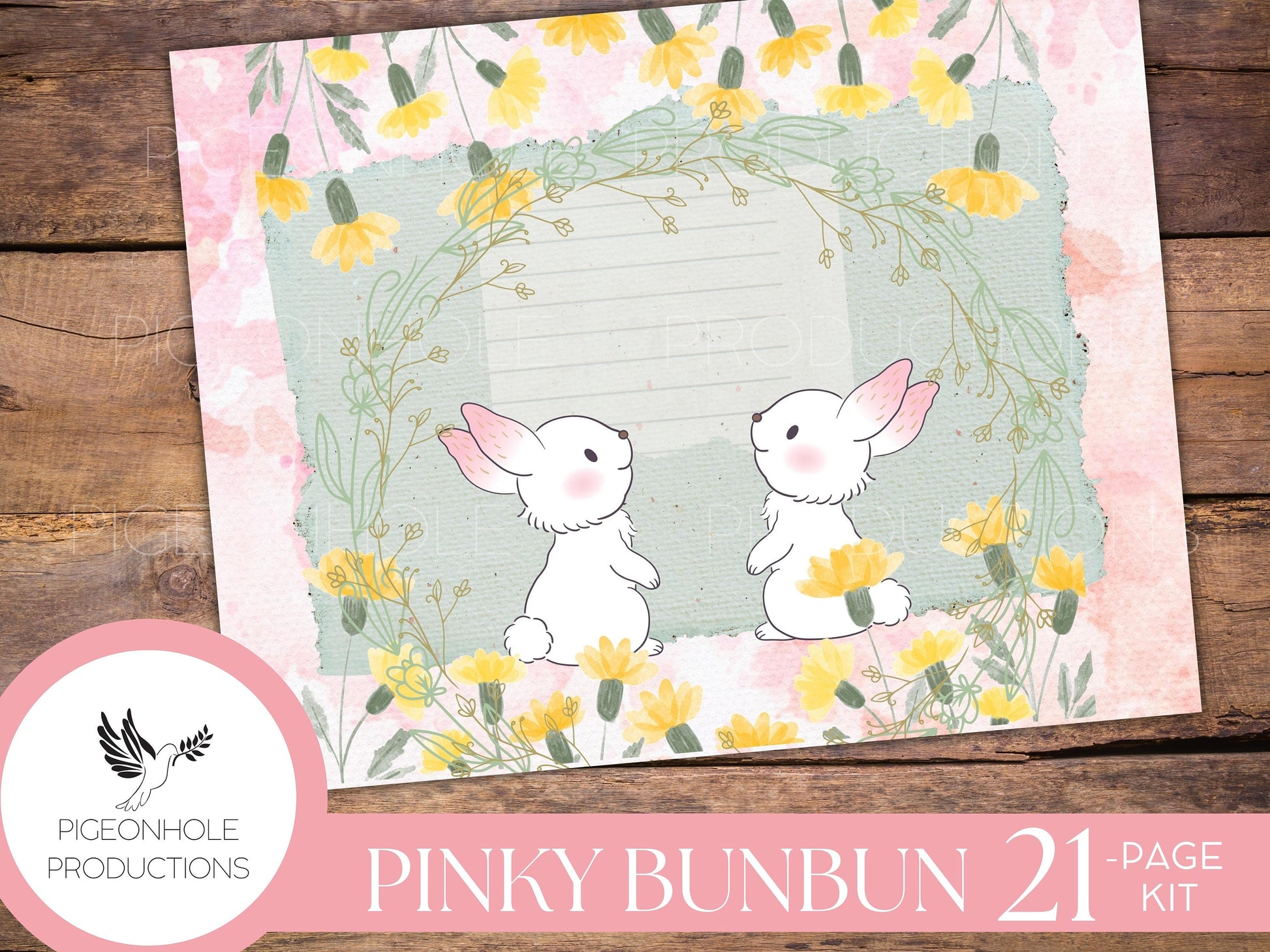 Pinky BunBun Bunny Junk Journal Kit, PRINTABLE— 21 pages, backgrounds, elements—sweet bunnies of the meadow