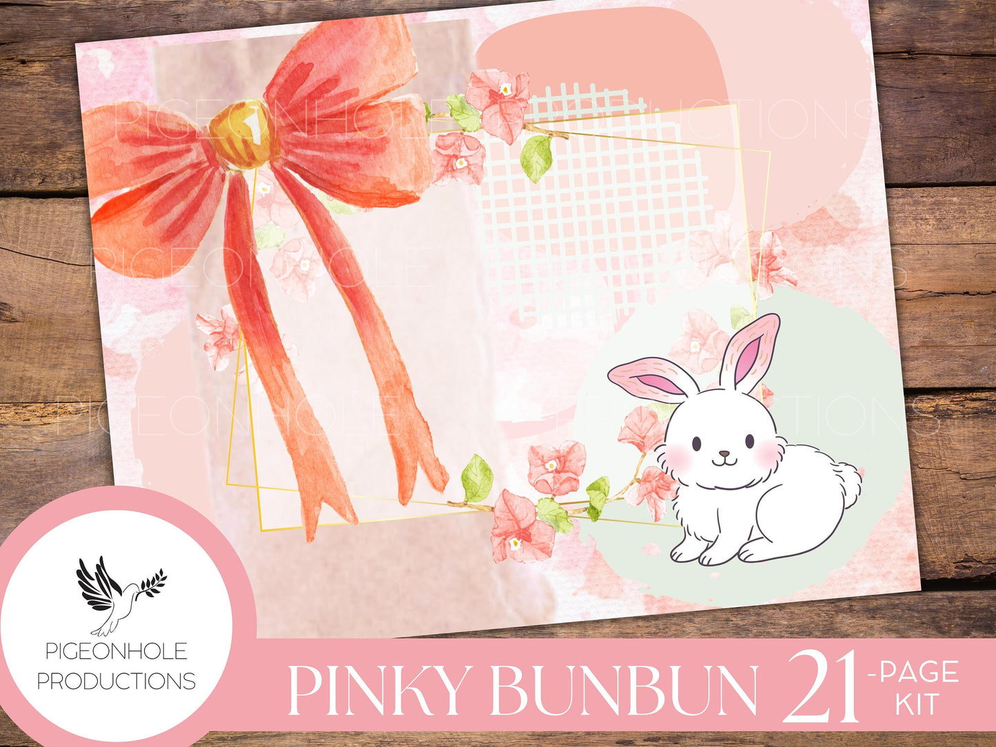 Pinky BunBun Bunny Junk Journal Kit, PRINTABLE— 21 pages, backgrounds, elements—sweet bunnies of the meadow