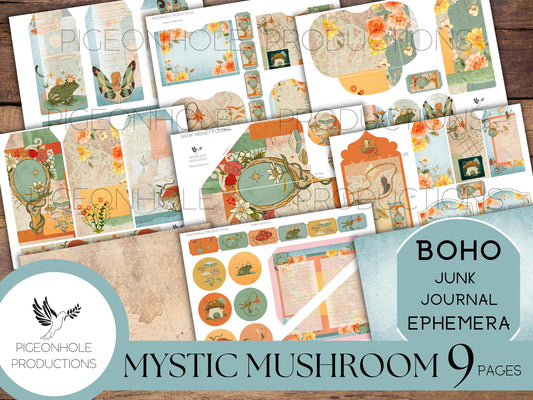 Mystic Mushroom Junk Journal EPHEMERA—PRINTABLE—magical, mystical Boho journal elements—tags, labels, pockets, tickets, more!