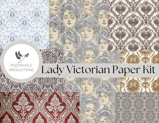 Lady Victorian Paper Kit—PRINTABLE—7 sheets—for junk journals, scrapbooking, papercrafts, cardmaking, tags, pockets, more!