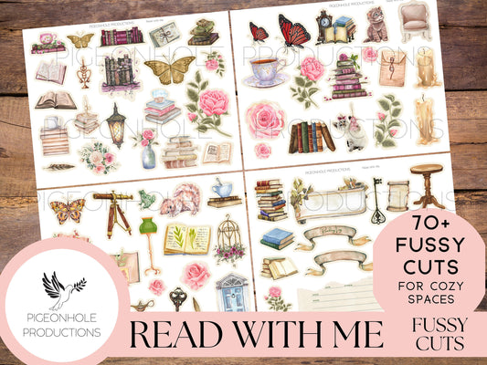 Read With Me Junk Journal FUSSY CUTS—PRINTABLE—70+ fussy cuts of books, kittens, roses, warm drinks—add on to Read With Me Junk Journal Kit