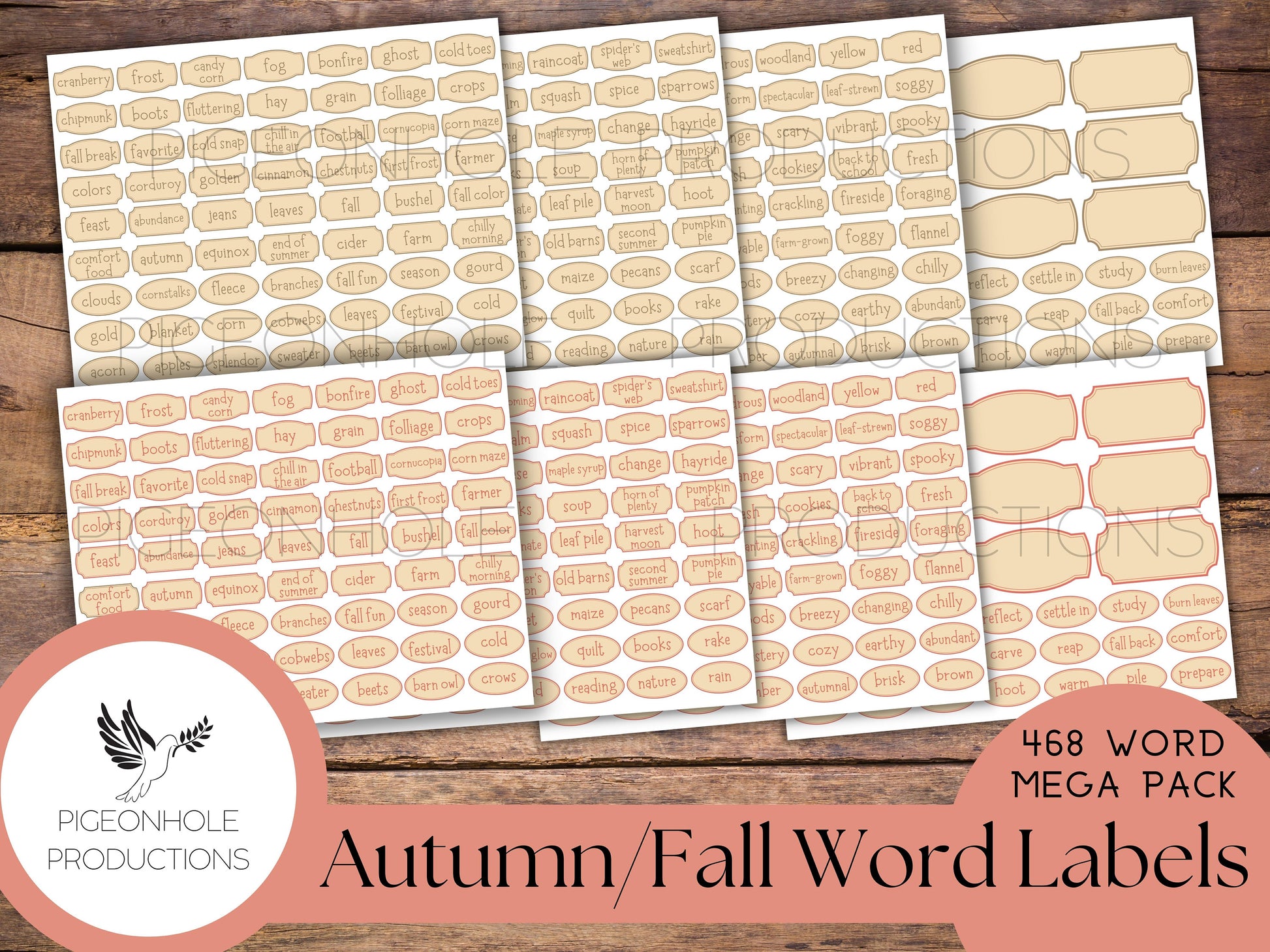 468 Autumn Fall Word Labels Mega Pack, PRINTABLE, for junk journals and other papercrafts