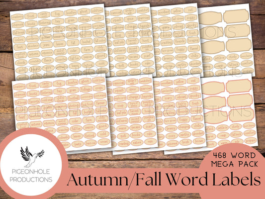 468 Autumn Fall Word Labels Mega Pack, PRINTABLE, for junk journals and other papercrafts
