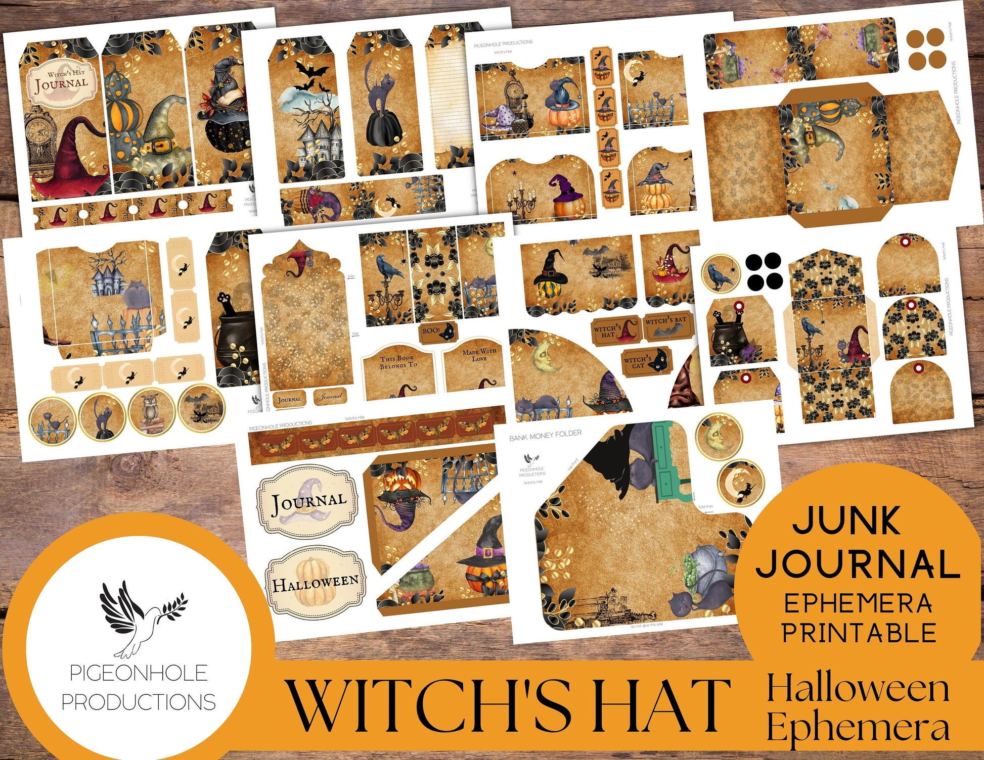Witch's Hat Halloween EPHEMERA—PRINTABLE—10 sheets of whimsical fall/Halloween journal tags, tucks, pockets, envelopes, tickets, more