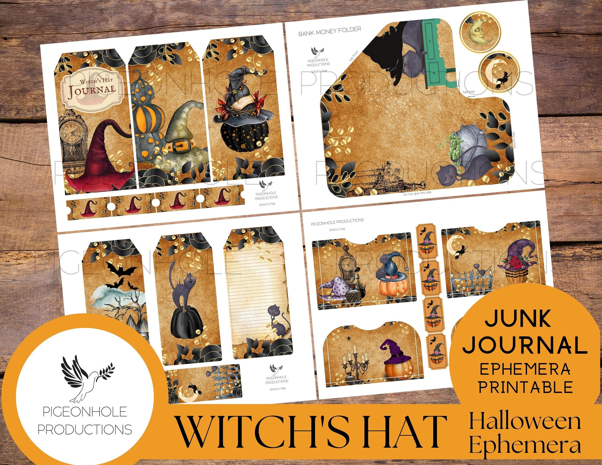 Witch's Hat Halloween EPHEMERA—PRINTABLE—10 sheets of whimsical fall/Halloween journal tags, tucks, pockets, envelopes, tickets, more
