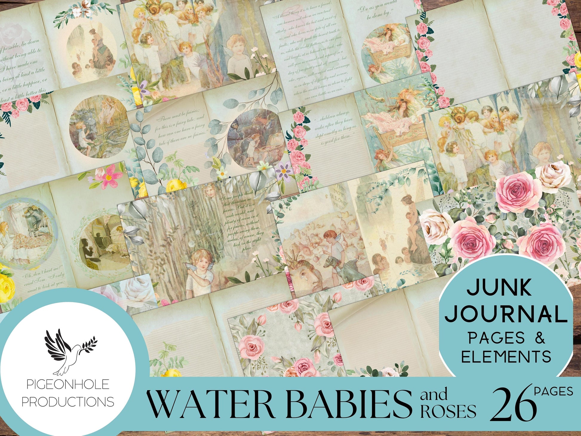 Water Babies Fairies & Roses Junk Journal Kit, PRINTABLE— 26 pages, backgrounds, elements—Literature Lover's Kit 2—water fairies
