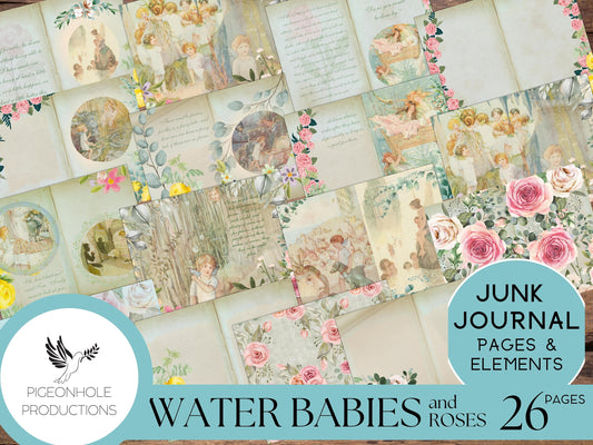 Water Babies Fairies & Roses Junk Journal Kit, PRINTABLE— 26 pages, backgrounds, elements—Literature Lover's Kit 2—water fairies