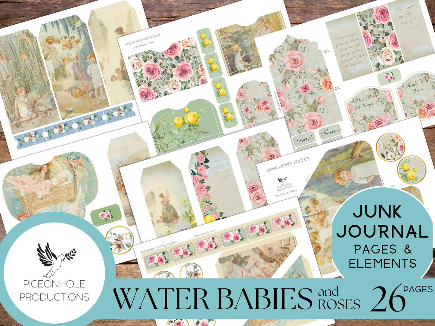 Water Babies Fairies & Roses Junk Journal Kit, PRINTABLE— 26 pages, backgrounds, elements—Literature Lover's Kit 2—water fairies