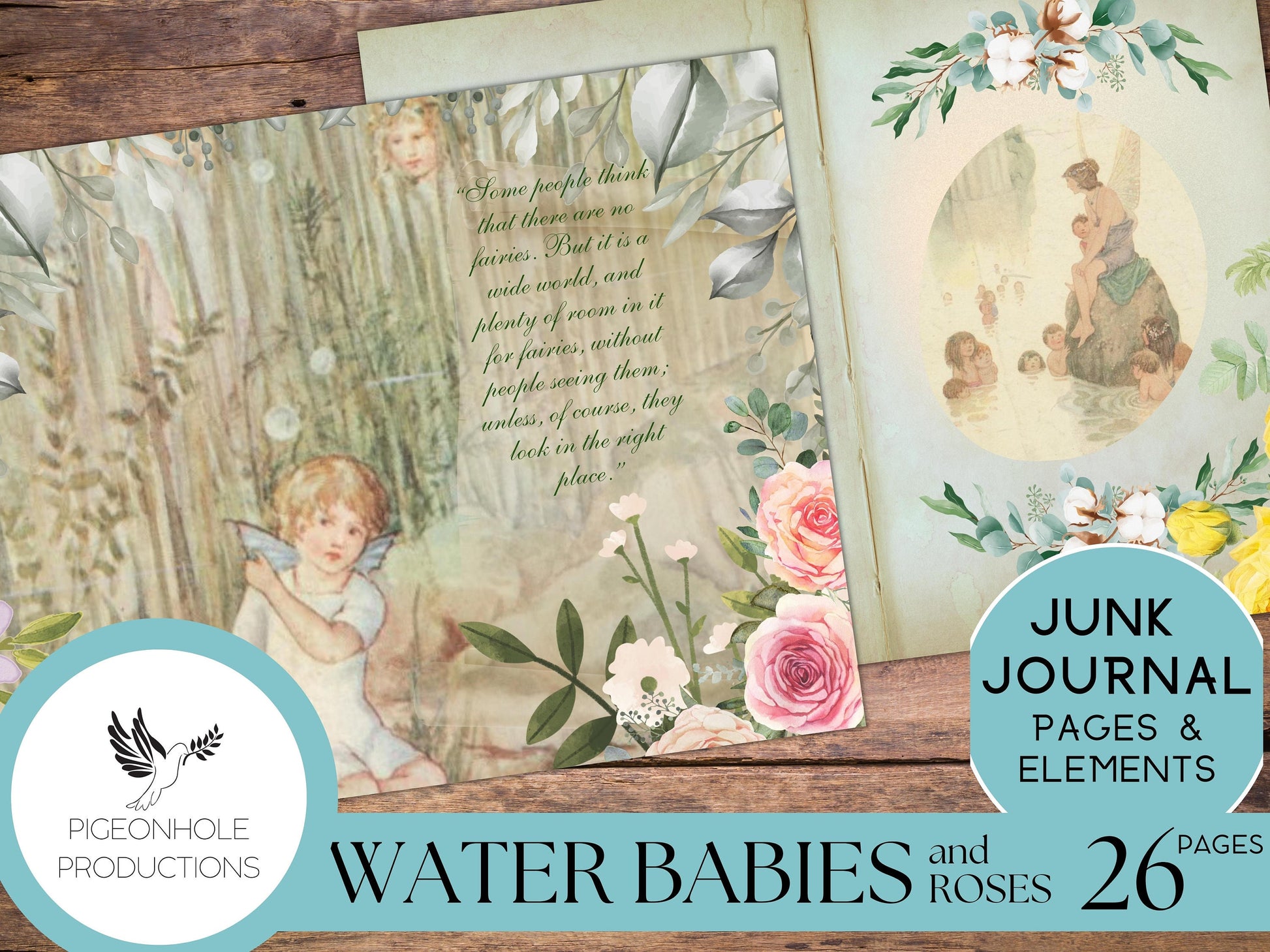 Water Babies Fairies & Roses Junk Journal Kit, PRINTABLE— 26 pages, backgrounds, elements—Literature Lover's Kit 2—water fairies