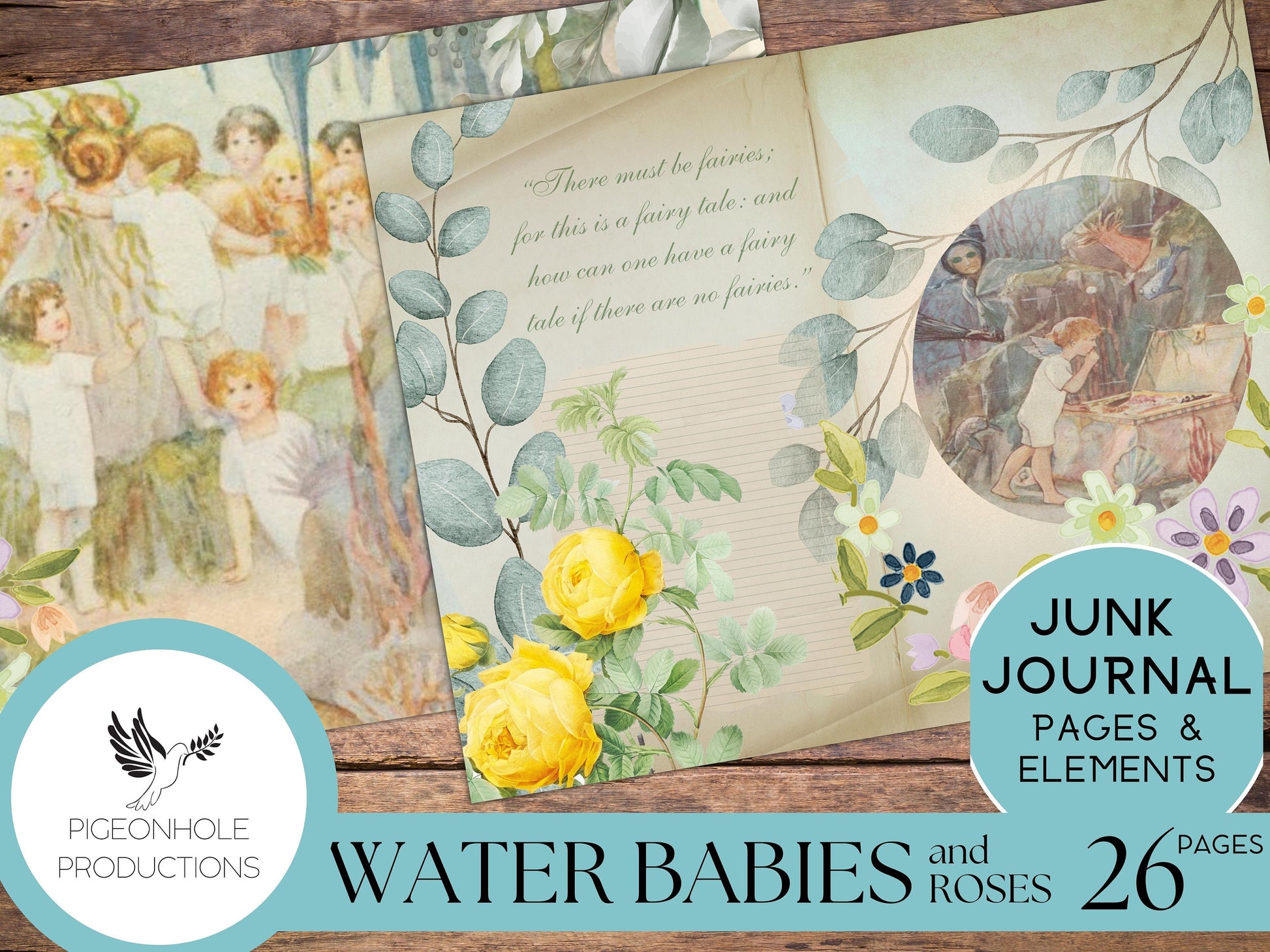 Water Babies Fairies & Roses Junk Journal Kit, PRINTABLE— 26 pages, backgrounds, elements—Literature Lover's Kit 2—water fairies