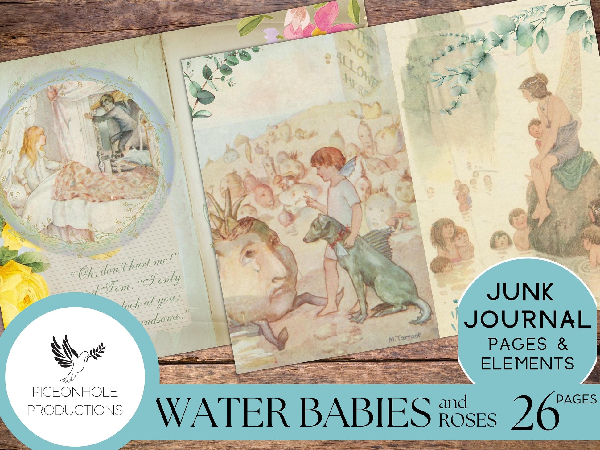 Water Babies Fairies & Roses Junk Journal Kit, PRINTABLE— 26 pages, backgrounds, elements—Literature Lover's Kit 2—water fairies