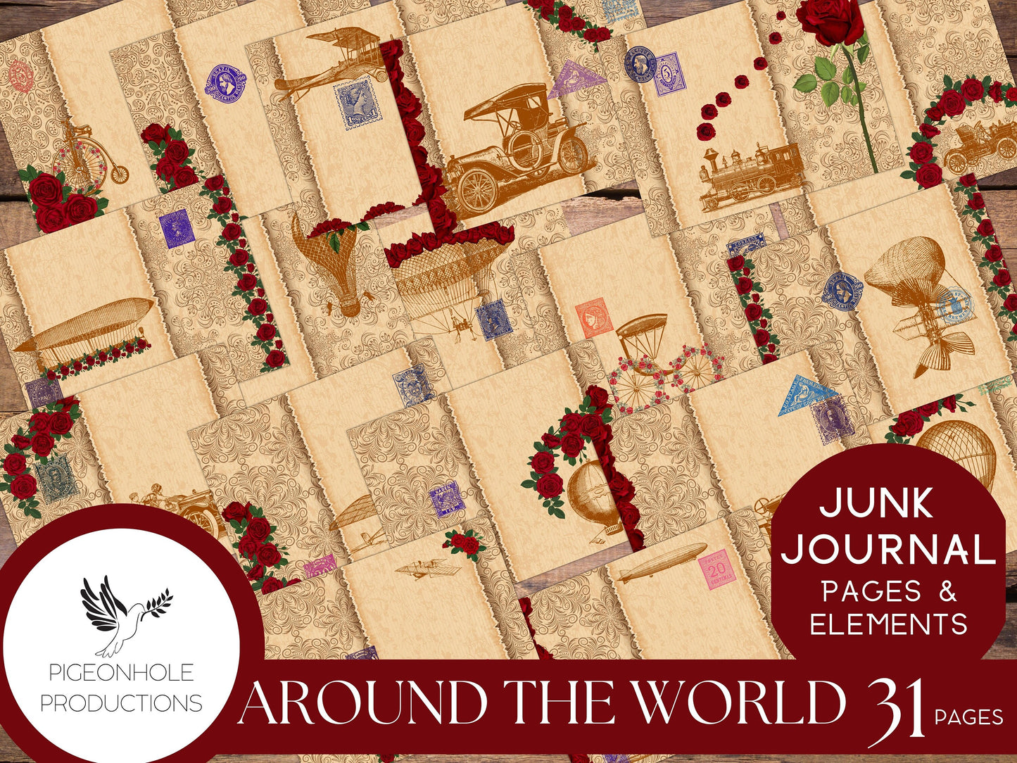 Around the World in 80 Days with Red Roses, Junk Journal Kit, PRINTABLE, 31 pages, backgrounds, ephemera, inspired by the 1956 movie