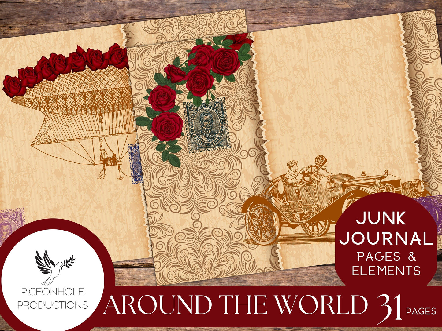 Around the World in 80 Days with Red Roses, Junk Journal Kit, PRINTABLE, 31 pages, backgrounds, ephemera, inspired by the 1956 movie