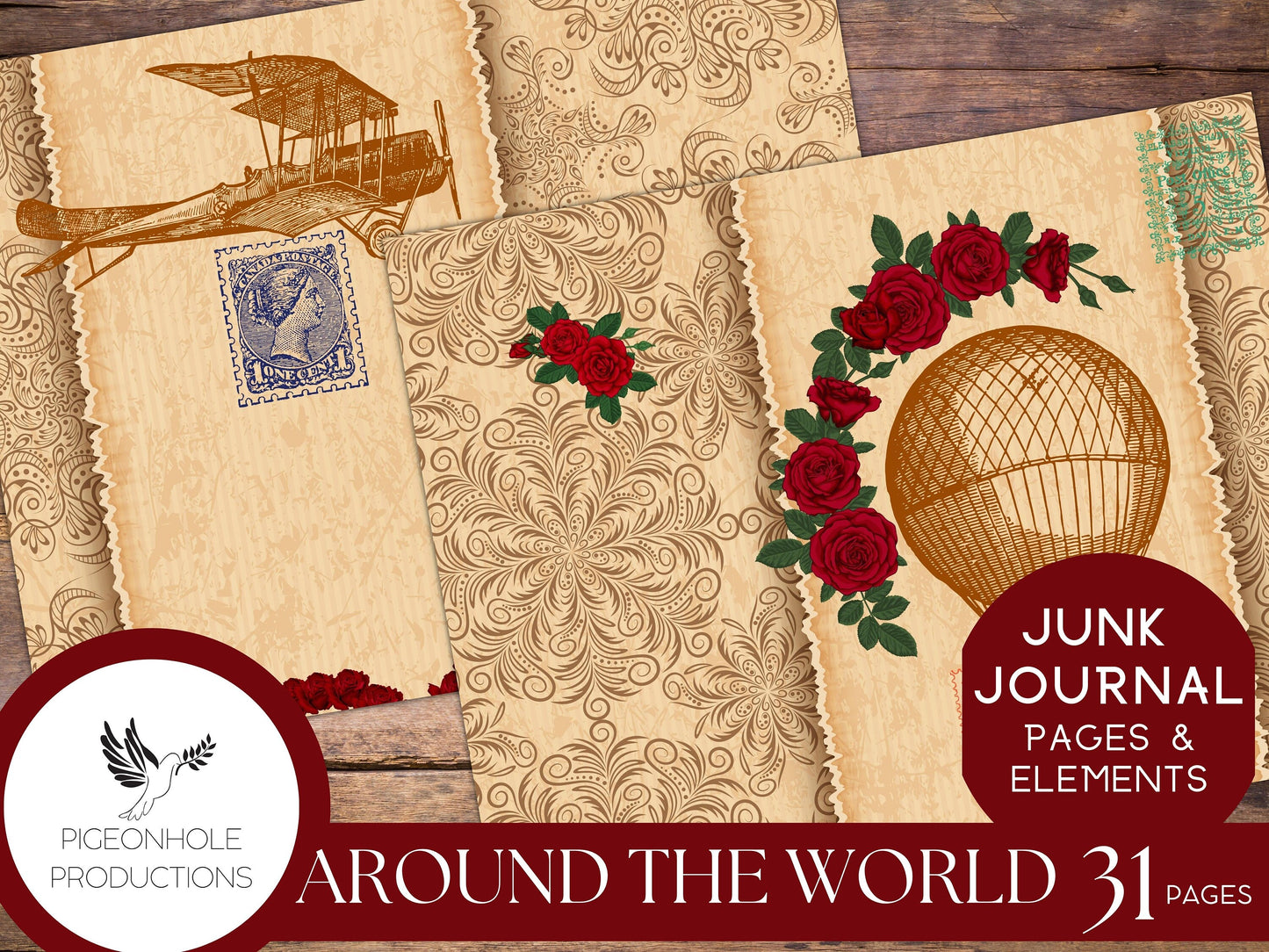 Around the World in 80 Days with Red Roses, Junk Journal Kit, PRINTABLE, 31 pages, backgrounds, ephemera, inspired by the 1956 movie