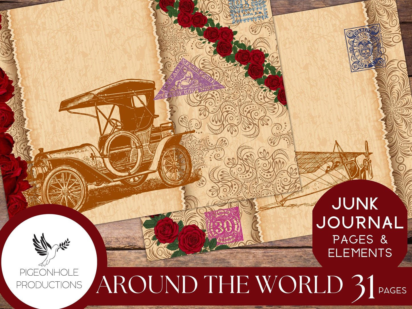 Around the World in 80 Days with Red Roses, Junk Journal Kit, PRINTABLE, 31 pages, backgrounds, ephemera, inspired by the 1956 movie