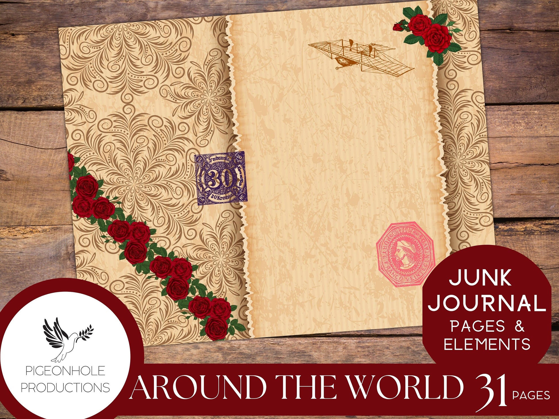 Around the World in 80 Days with Red Roses, Junk Journal Kit, PRINTABLE, 31 pages, backgrounds, ephemera, inspired by the 1956 movie