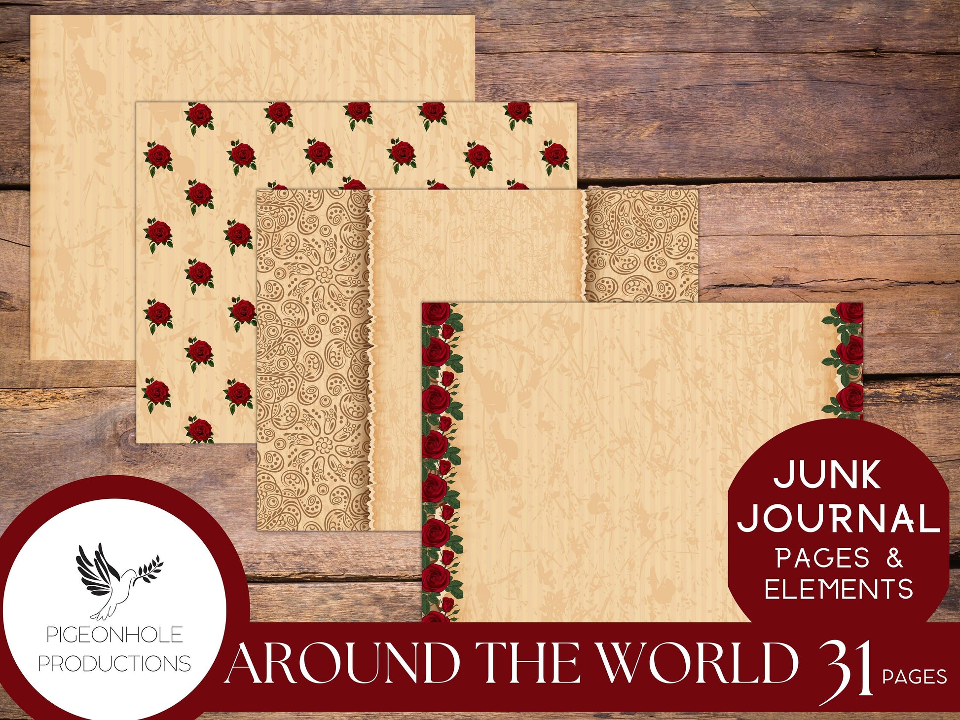 Around the World in 80 Days with Red Roses, Junk Journal Kit, PRINTABLE, 31 pages, backgrounds, ephemera, inspired by the 1956 movie