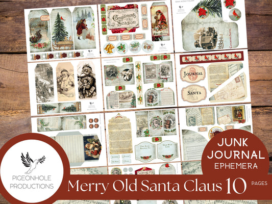 Vintage Merry Old Santa Claus Junk Journal EPHEMERA—PRINTABLE—70+ journal cards, tags, tucks, pockets, envelopes, tickets, more