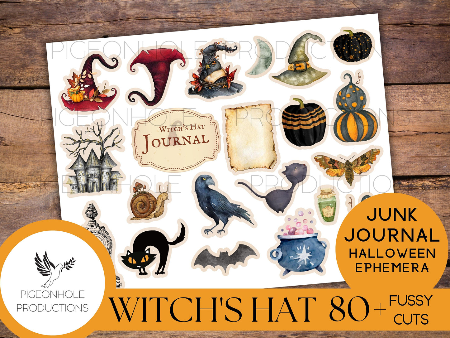 Witch's Hat Halloween FUSSY CUTS—PRINTABLE—80+ witch hats, cats, bats, owls, haunted mansions, ravens, spiders, pumpkins—for you to cut out