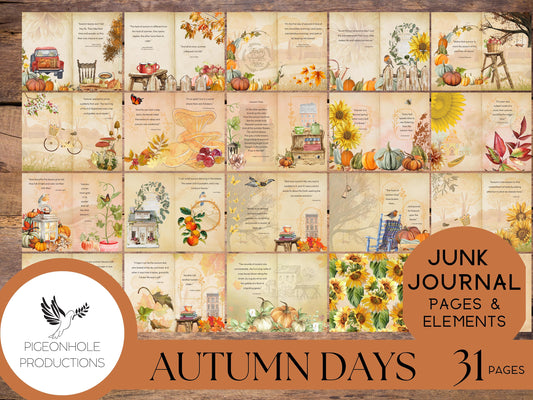 Autumn Days Junk Journal Kit, with uplifting autumn quotes and poetry, PRINTABLE, 31 pages, includes 70+ fall tags, pockets, tickets, more