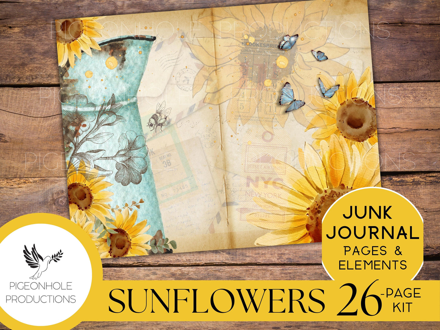 Vintage Sunflower Junk Journal Kit, PRINTABLE, 26 sheets of journal pages, background papers and ephemera elements