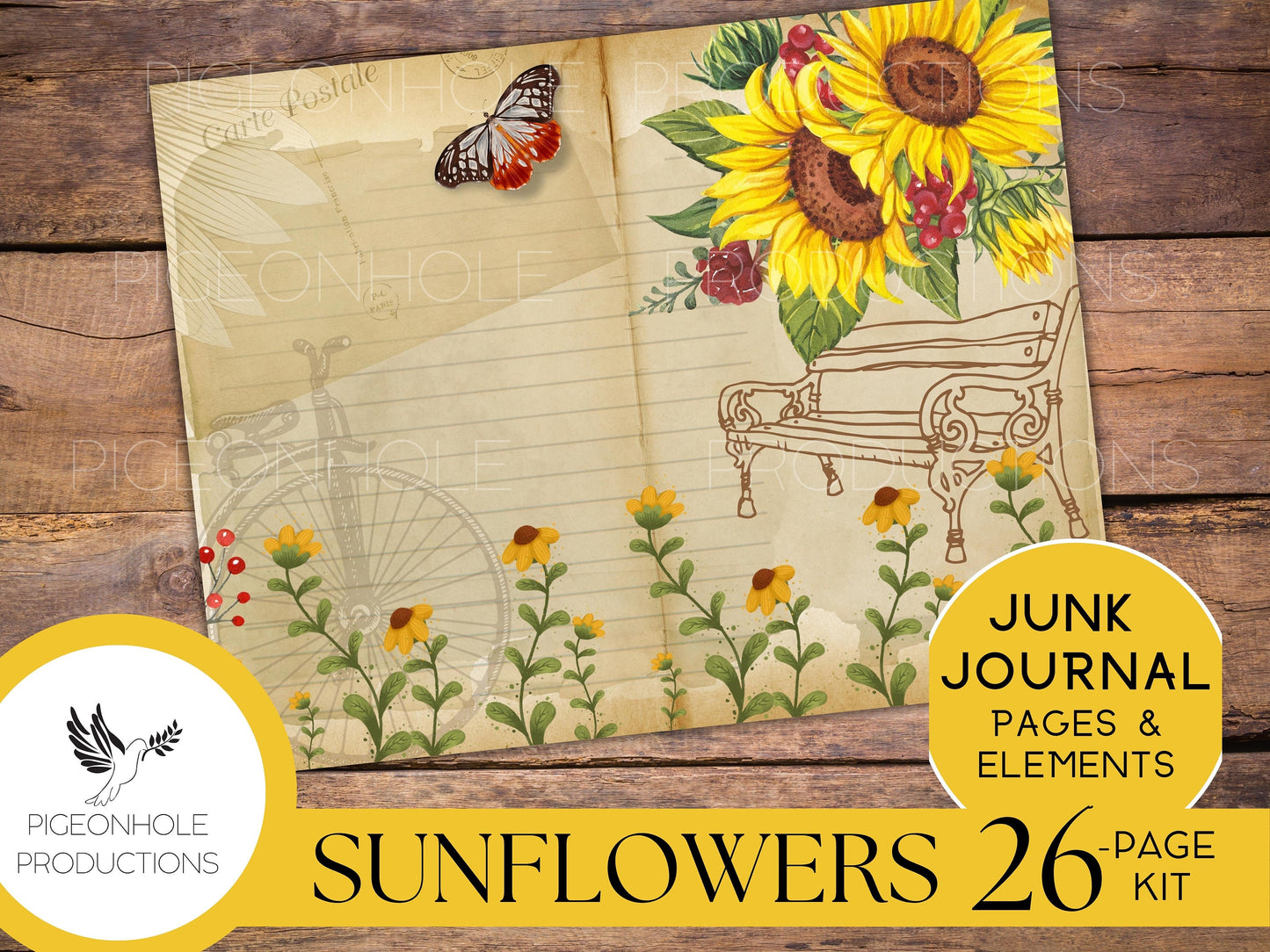 Vintage Sunflower Junk Journal Kit, PRINTABLE, 26 sheets of journal pages, background papers and ephemera elements