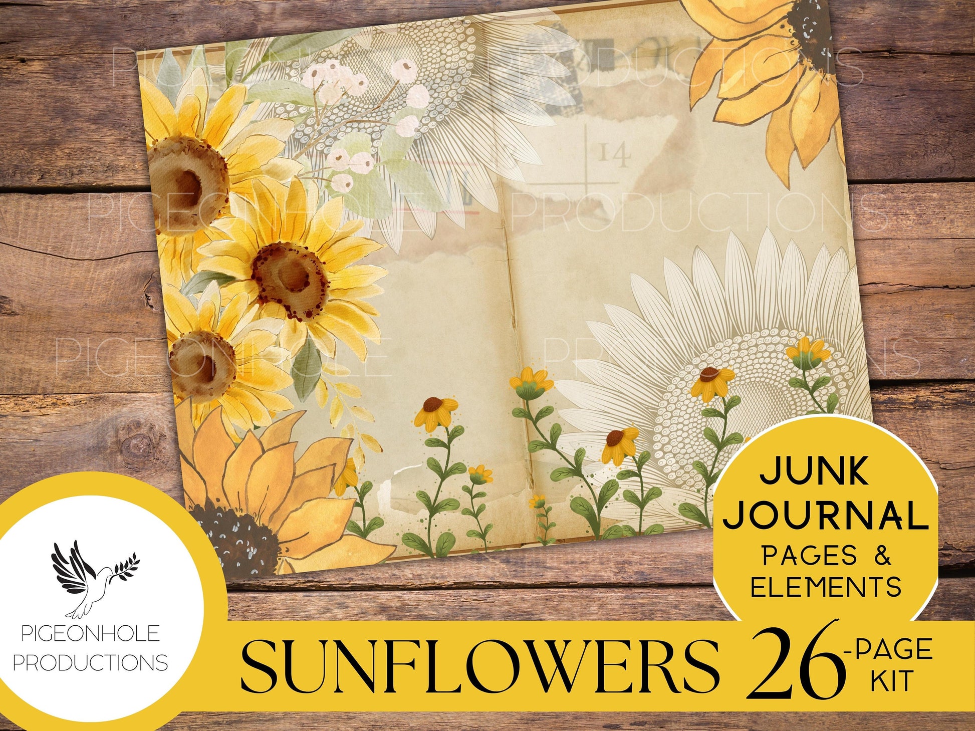 Vintage Sunflower Junk Journal Kit, PRINTABLE, 26 sheets of journal pages, background papers and ephemera elements