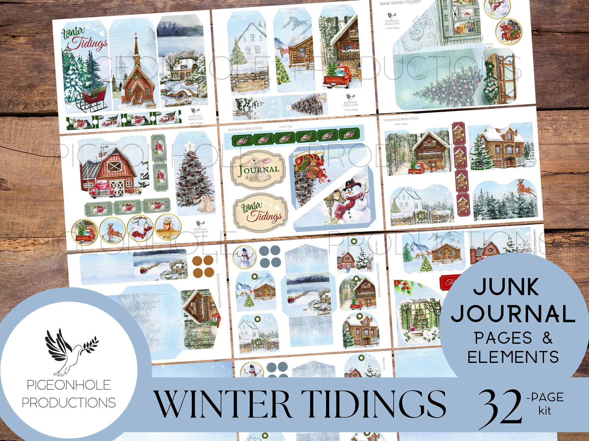 Winter Tidings Christmas Junk Journal Kit—PRINTABLE—32 pages, backgrounds, elements—a celebration of country homes at Christmas