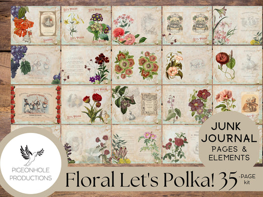 Floral Let's Polka! Dance Junk Journal Kit—Printable—35 pages, includes backings/backgrounds and 80+ tags, pockets, tickets, stickers, more!