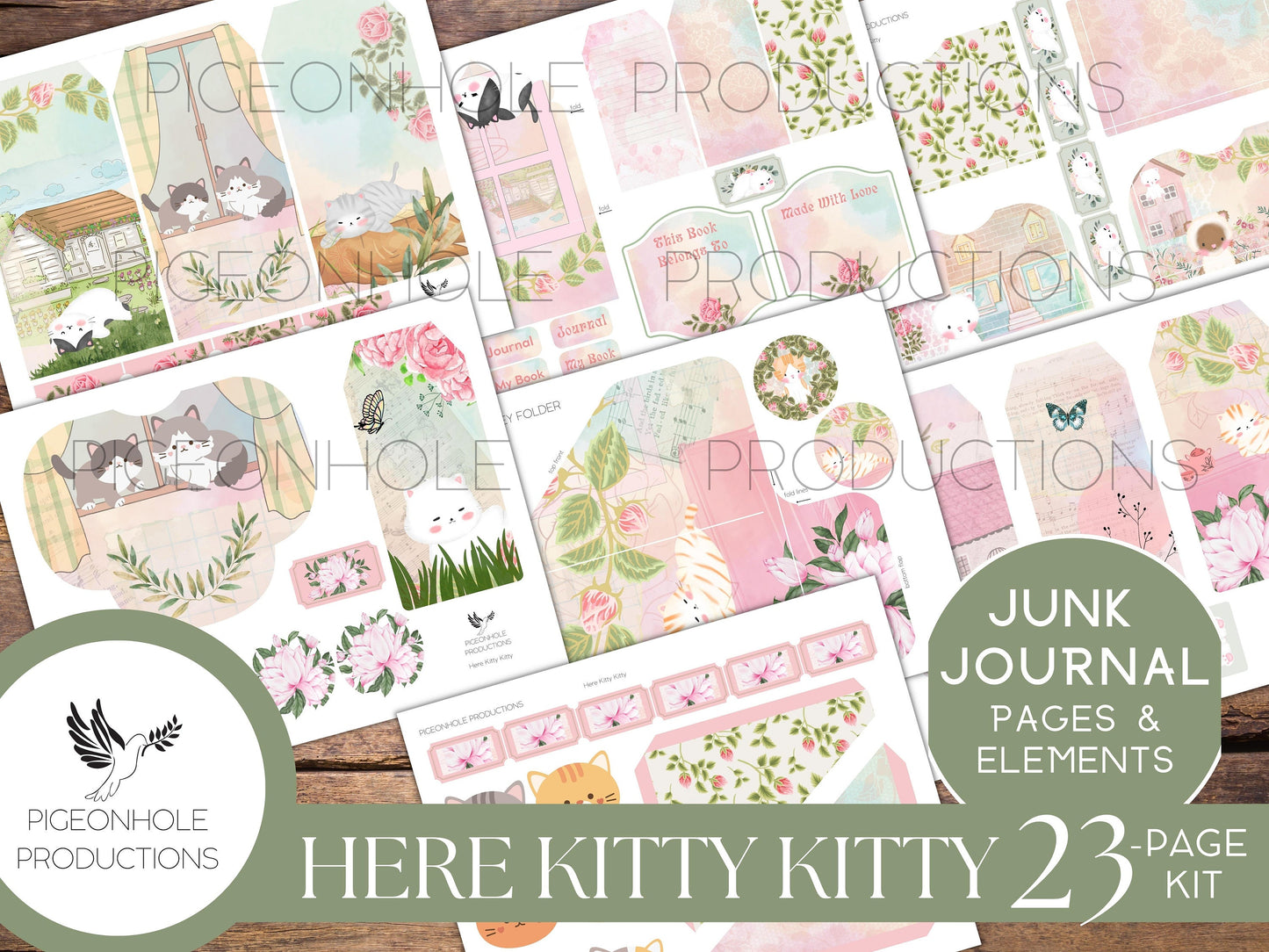 Here Kitty Kitty Junk Journal Kit, PRINTABLE— 21 pages, backgrounds, elements—sweet kittens doing what kittens do