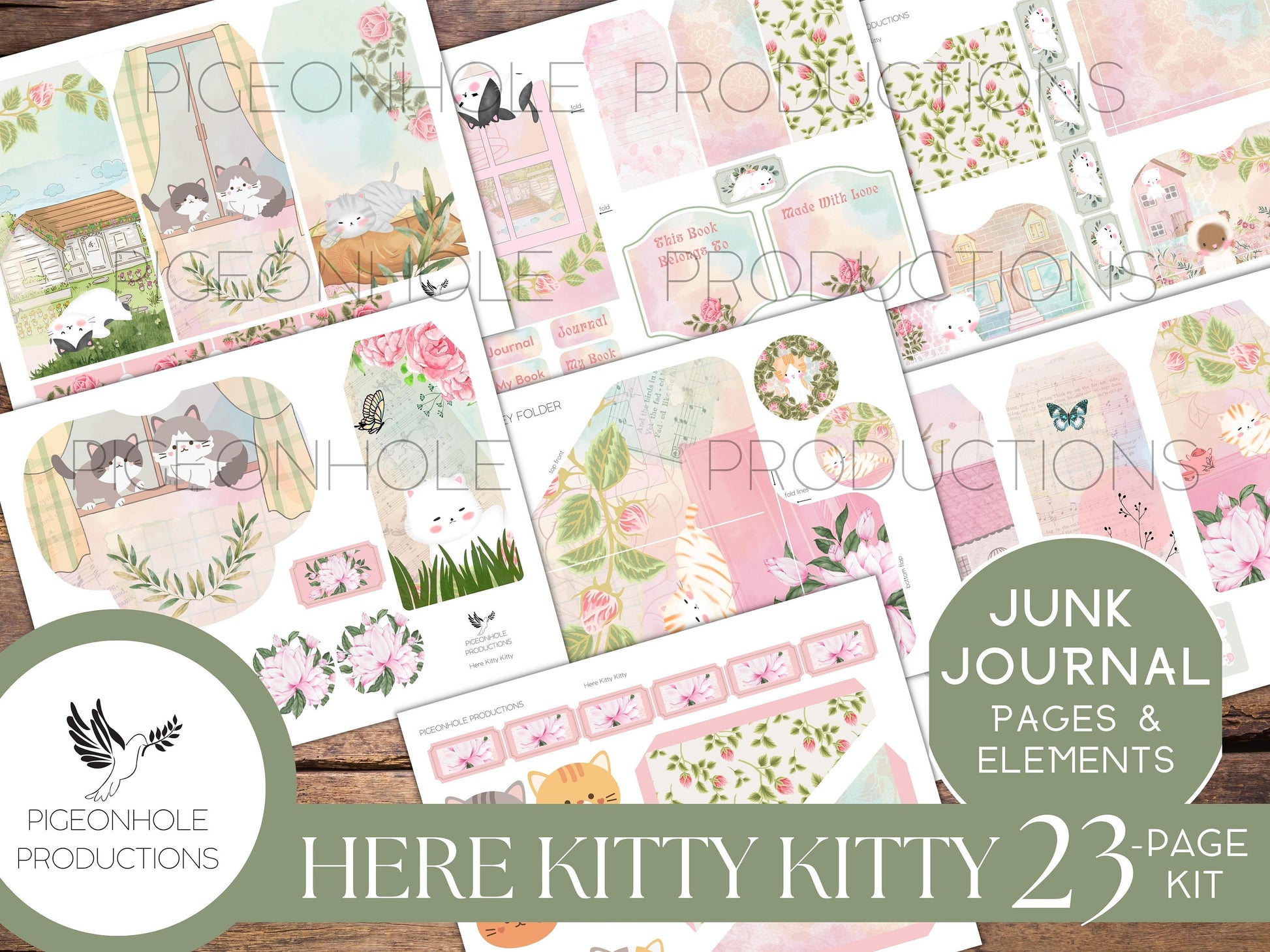 Here Kitty Kitty Junk Journal Kit, PRINTABLE— 21 pages, backgrounds, elements—sweet kittens doing what kittens do