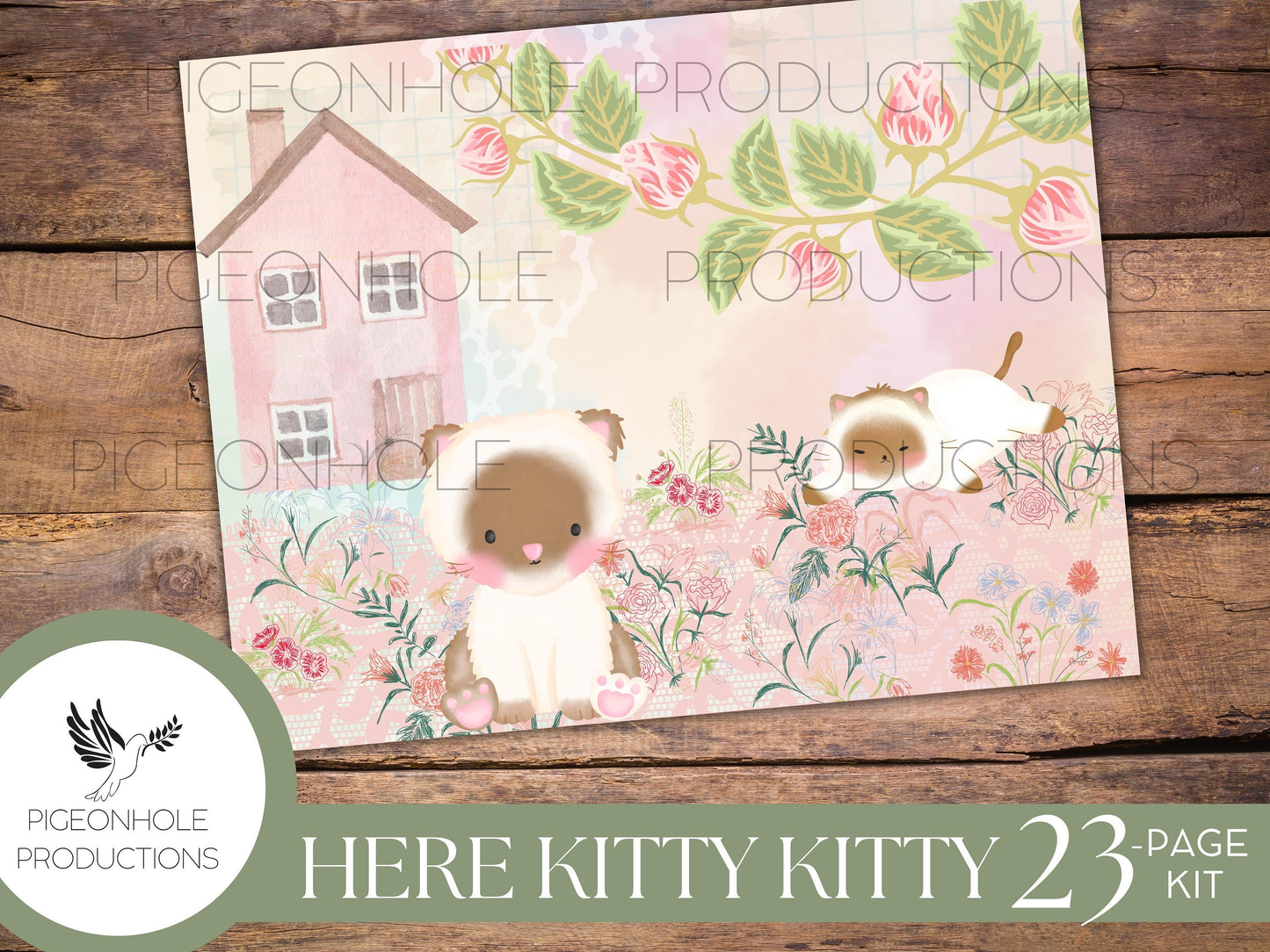 Here Kitty Kitty Junk Journal Kit, PRINTABLE— 21 pages, backgrounds, elements—sweet kittens doing what kittens do