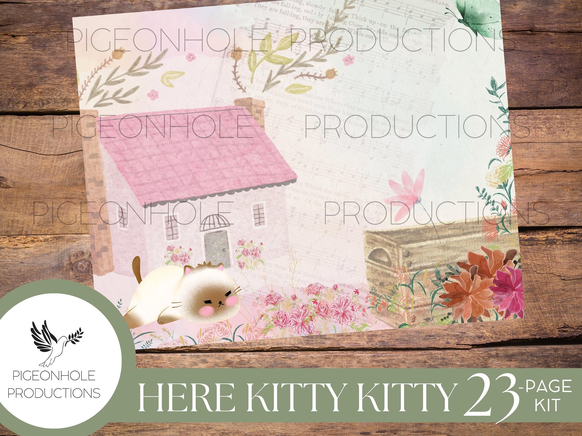 Here Kitty Kitty Junk Journal Kit, PRINTABLE— 21 pages, backgrounds, elements—sweet kittens doing what kittens do