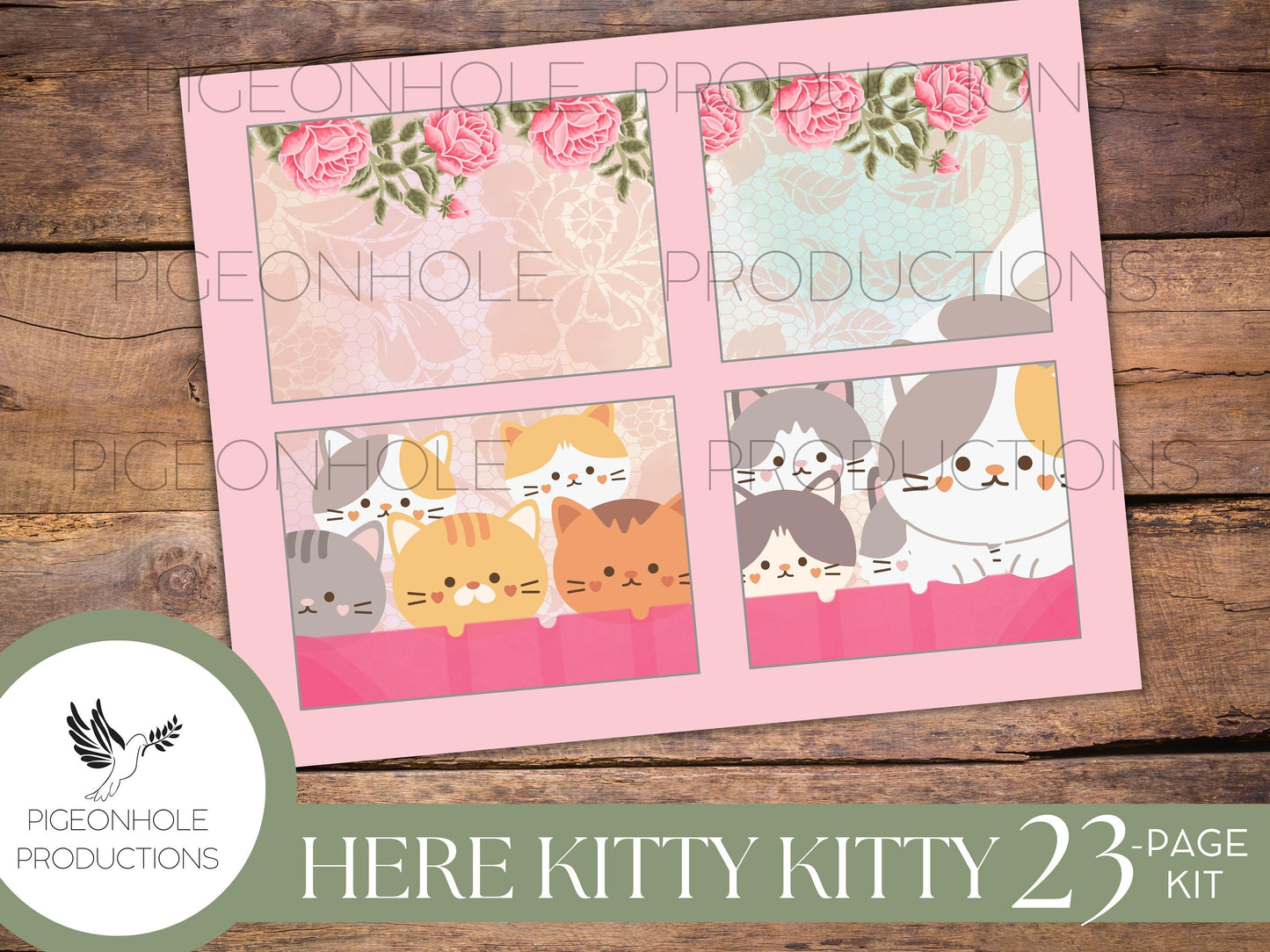 Here Kitty Kitty Junk Journal Kit, PRINTABLE— 21 pages, backgrounds, elements—sweet kittens doing what kittens do