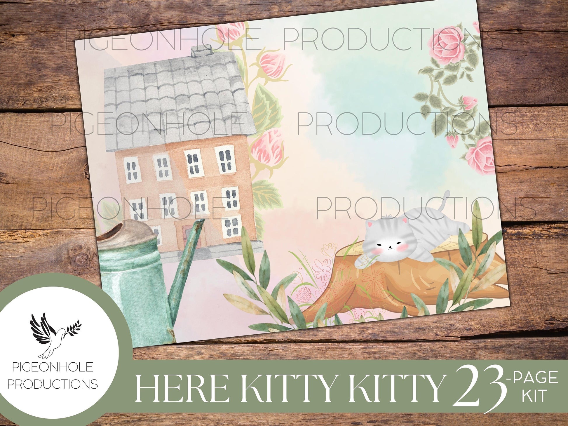 Here Kitty Kitty Junk Journal Kit, PRINTABLE— 21 pages, backgrounds, elements—sweet kittens doing what kittens do