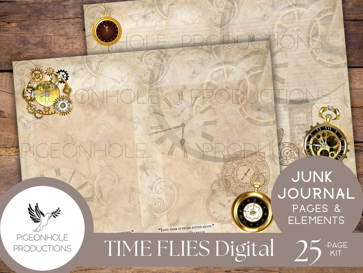 Time Flies Vintage Timepieces Junk Journal Kit—PRINTABLE—with uplifting quotes—25 pages, backgrounds, elements—70+ tags, pockets, more