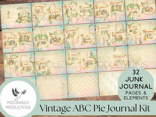 ABC Pie Junk Journal Kit, PRINTABLE, 32 pages, plus 60+ tags, pockets, tickets, more, pages plus ephemera, everything you need for a journal