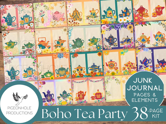 Boho Tea Party Junk Journal Kit, PRINTABLE—38 pages, plus 60+ tags, pockets, tickets, envelopes, more