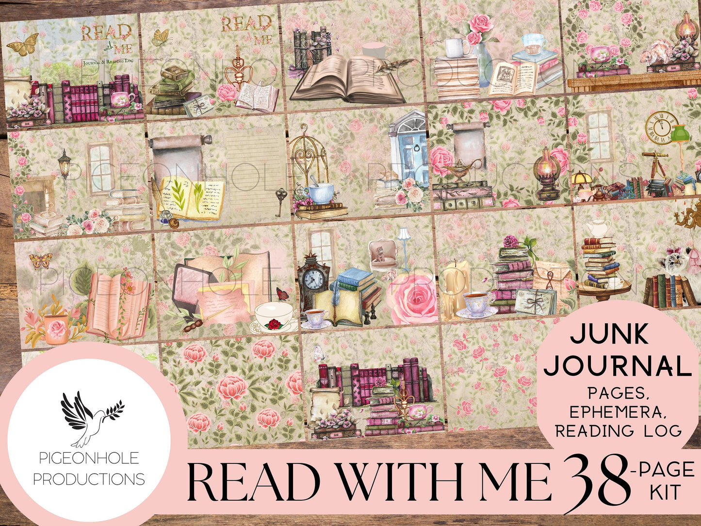 Read With Me Junk Journal Kit & Reading Log—PRINTABLE—38 pages, plus 60+ tags, pockets, tickets, more