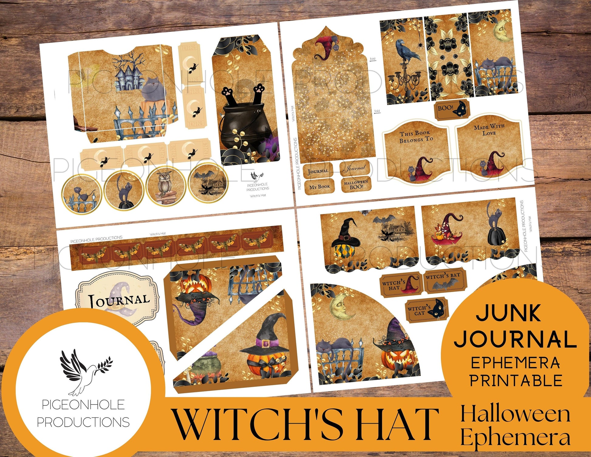 Witch's Hat Halloween EPHEMERA—PRINTABLE—10 sheets of whimsical fall/Halloween journal tags, tucks, pockets, envelopes, tickets, more