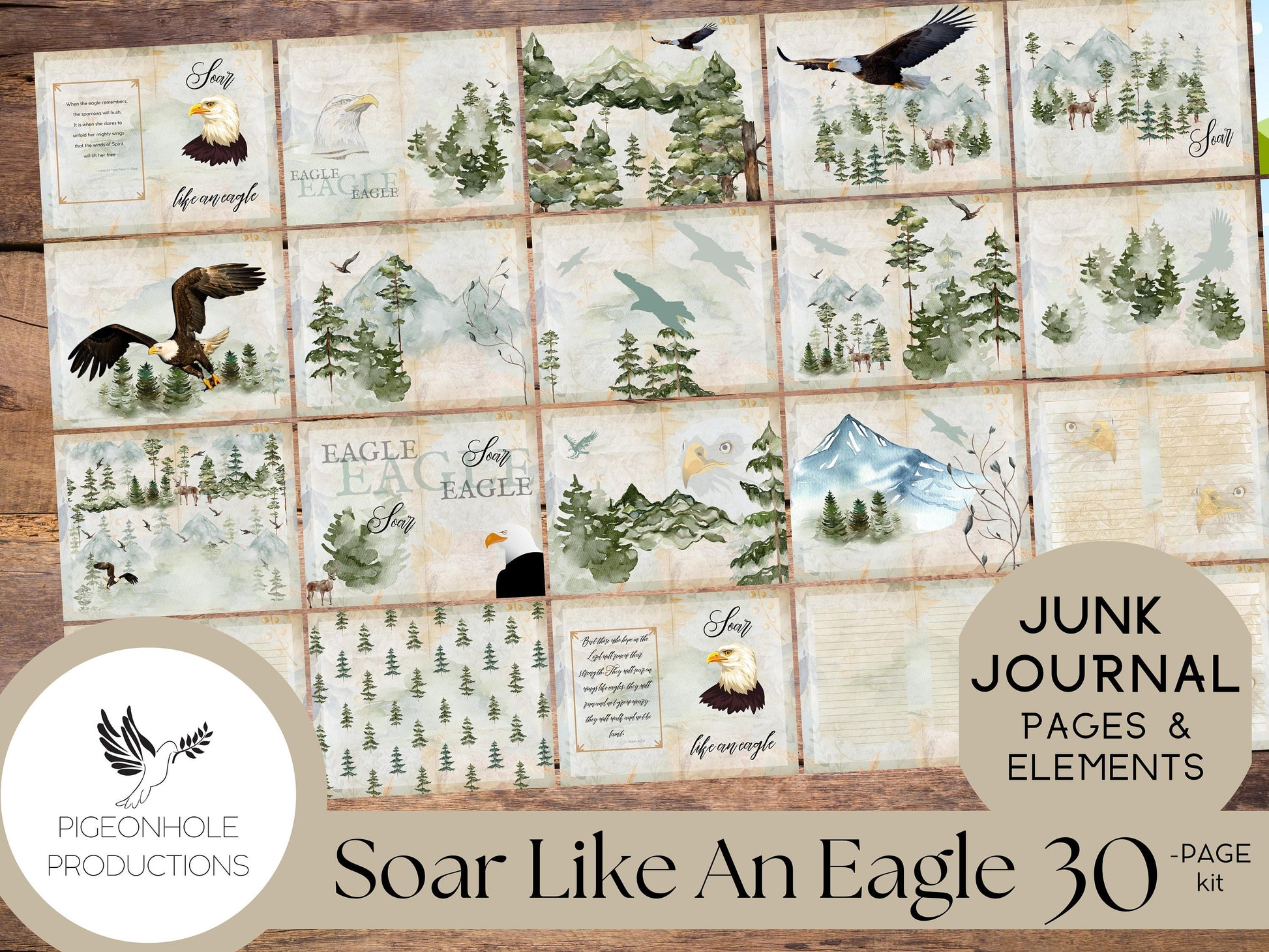 Soar Like An Eagle Junk Journal Kit—PRINTABLE—30 sheets of journal pages, background papers, ephemera elements—beautiful and uplifting