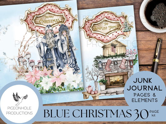 Blue Christmas Junk Journal Kit—PRINTABLE—30 journal pages, backgrounds and elements—70+ tags, tucks, pockets, envelopes, fussy cuts, more!