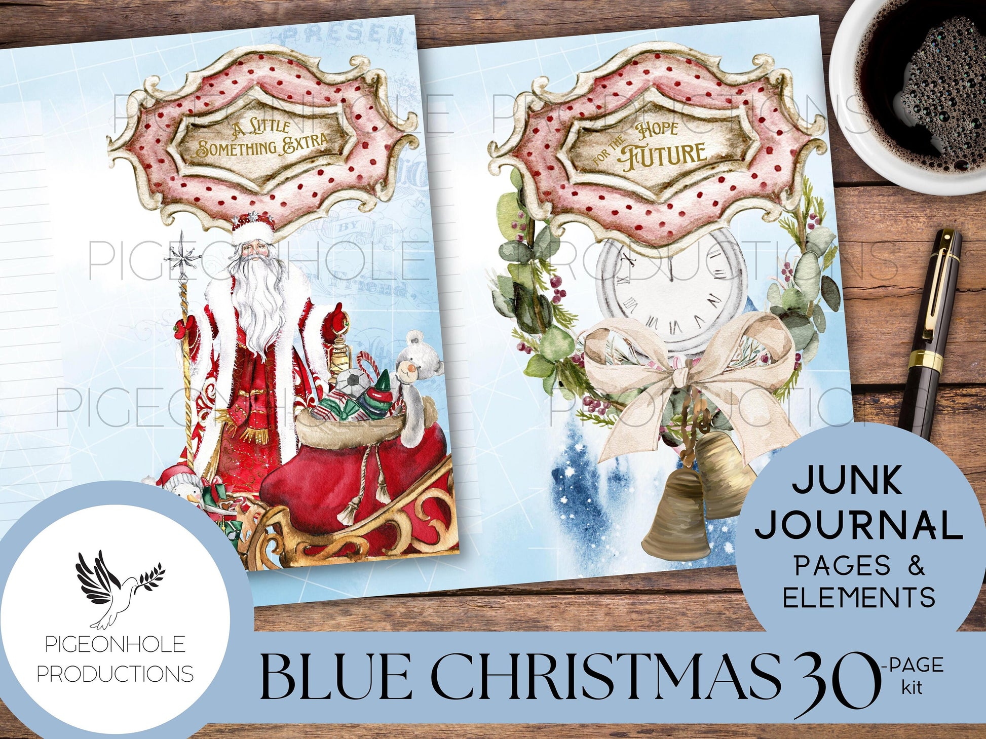 Blue Christmas Junk Journal Kit—PRINTABLE—30 journal pages, backgrounds and elements—70+ tags, tucks, pockets, envelopes, fussy cuts, more!